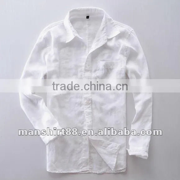 New popular style 100%Linen White shirt for men with long sleeve regular collar or banded collar