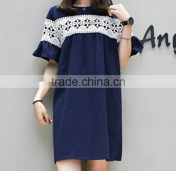 women linen dress lace short flare sleeve for women ladies apparel