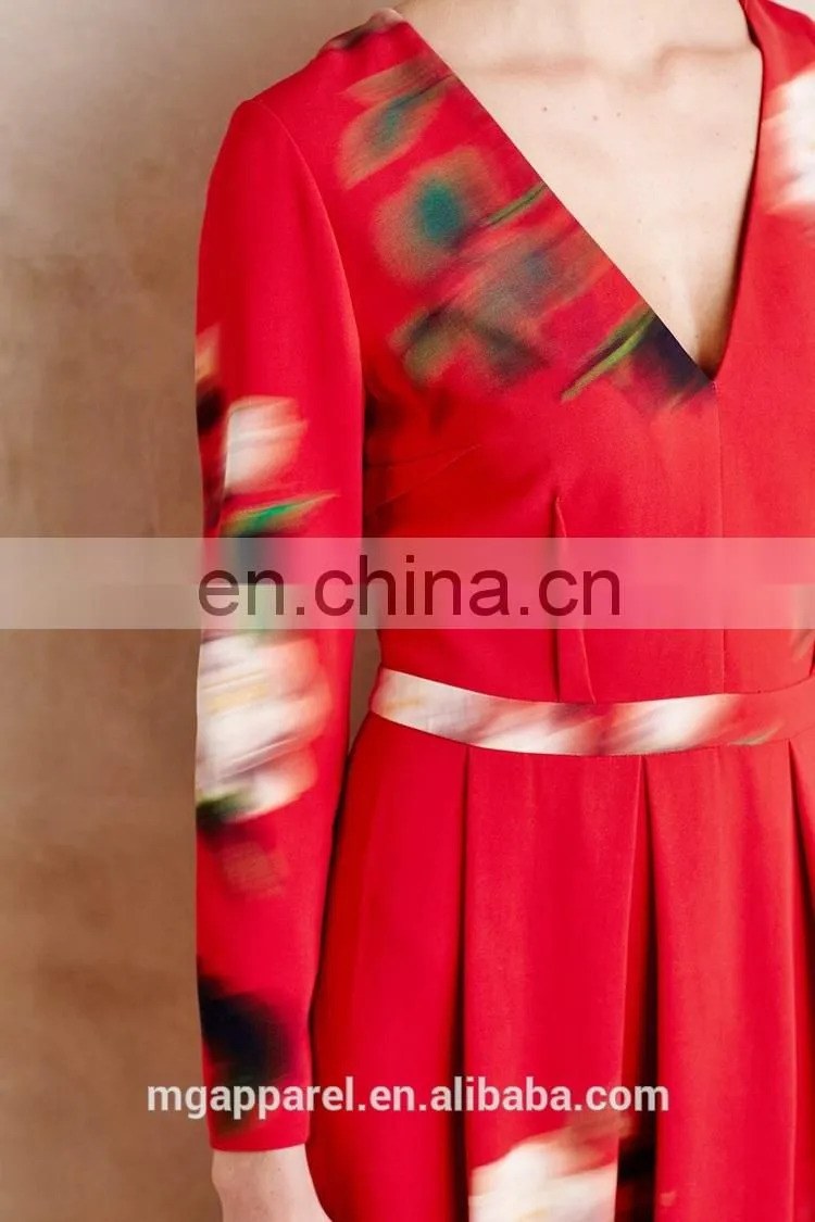 china supplier fashion women long sleeves fitted sexy v neck red fit and flare floral print dress