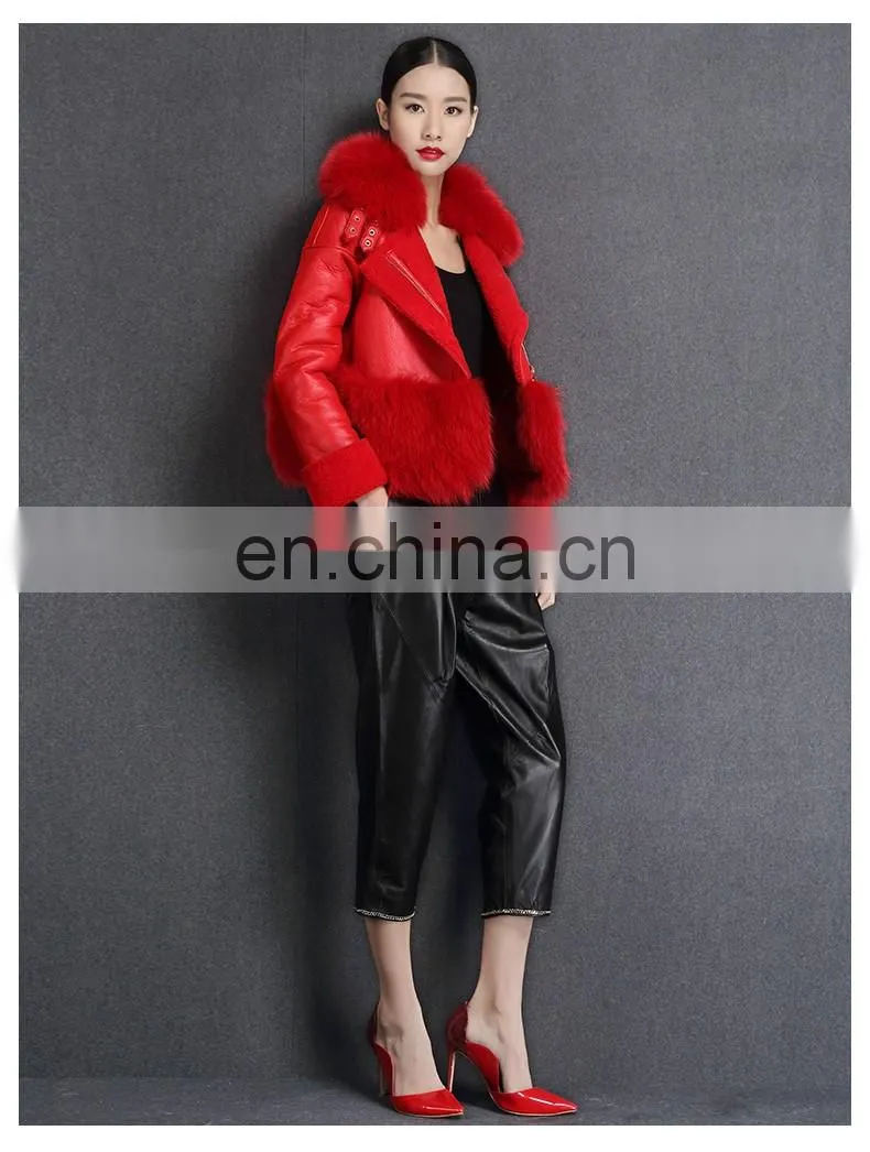 2016 Latest Coat With Big Fox Fur Collar China Supplier Sheepskin Leather Jacket With Fur
