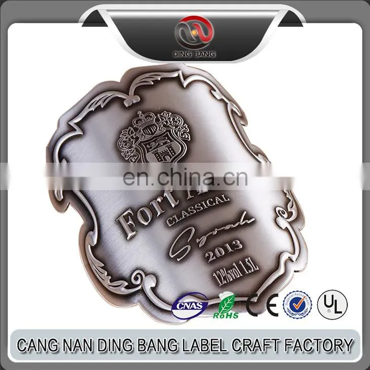 OEM Top Qulaity Colloidality Type Custom Made Embossed Brand Logo High Brushed Antique Bronze Metallic Bended Wine Label