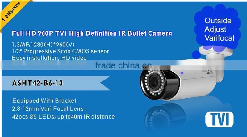 IR TVI Bullet Camera 1.3Megapixel cctv camera 2.8-12mm Vari Focal Lens outside adjust IR distance 960P TVI Camera support ip66