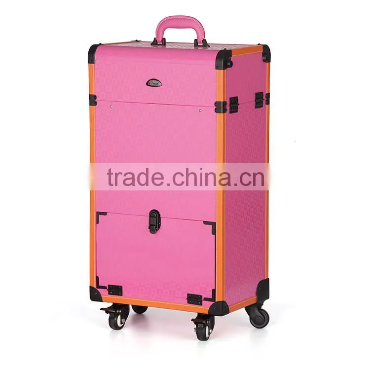 wholesale fushia trolley hairdressing artist case on 360 degree rolling wheels with drawers for makeup