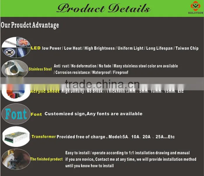 hight quality fulllit indoor/outdoor acrylic led sign from china