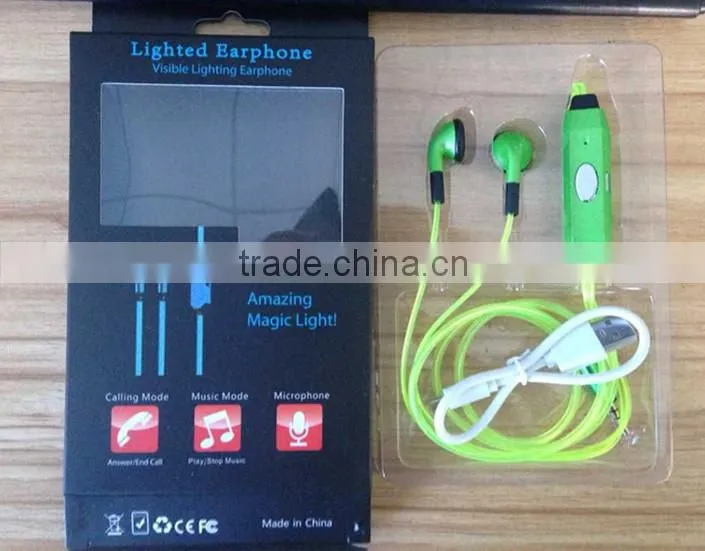 whosale EL wire earphones for smartphones pink yellow ice blue in-ear style earphone luminescent rhythm with beat of music
