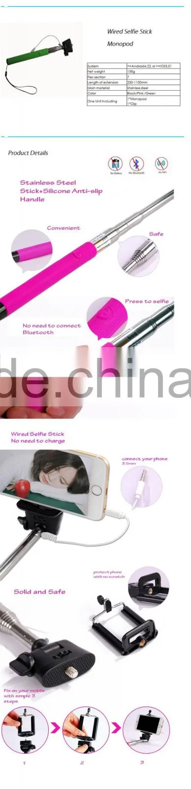 Remote Control Telescopic Monopod Wired Selfie Stick For Iphone