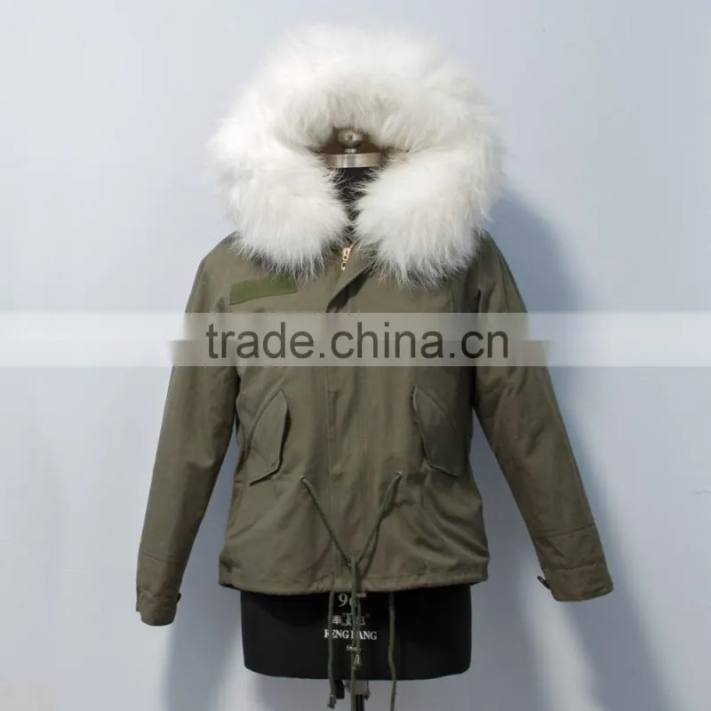 women casual bomber jacket with raccoon fur hooded parka for lady
