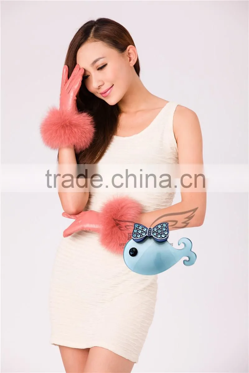New Arrival Fashion Winter Warm Lambskin Ladies Fox Fur Leather Gloves