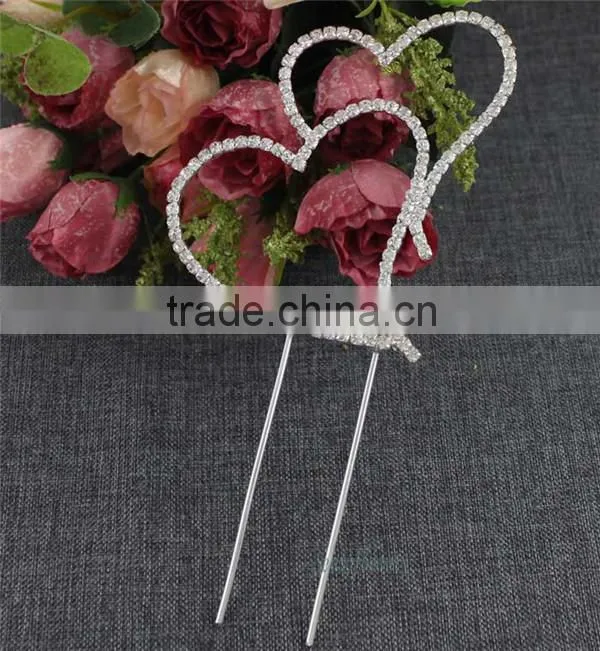 rhinestone glass wedding double heart cake topper