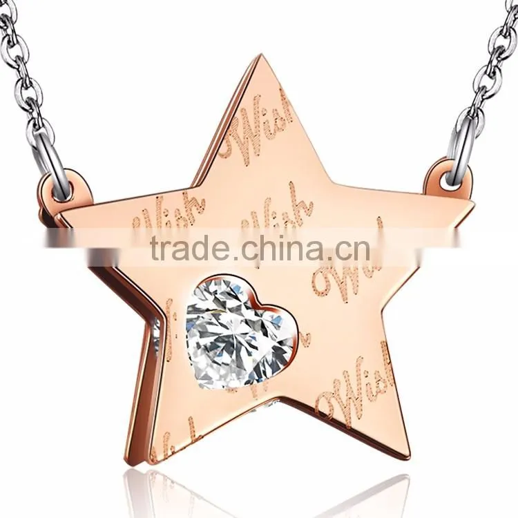 Shiny Stainless Steel Necklace with Star Engraved Charms and CZ Stone