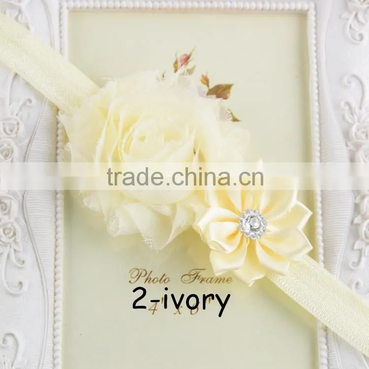 Solid grosgrain ribbon headwear, Kids Girl chiffon Flower Headband Elastic Hair Band hair tie mixed colors