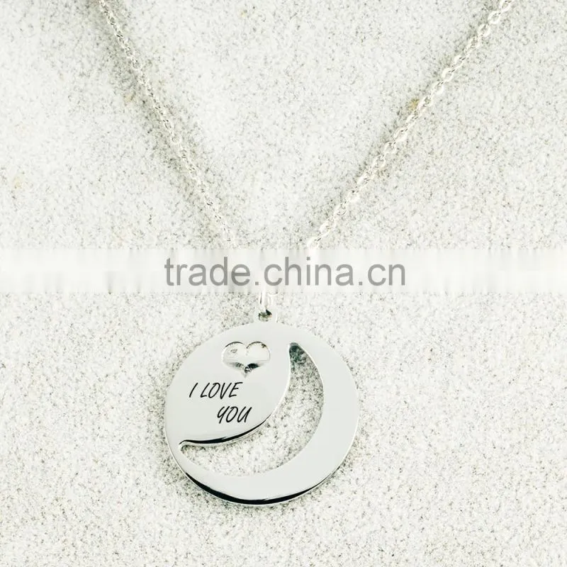 Stainless Steel I Love You Engraving Moon and Heart Pendant