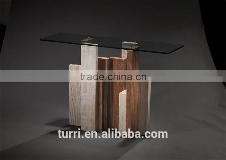 Modern austere Iran marble console table with glass top