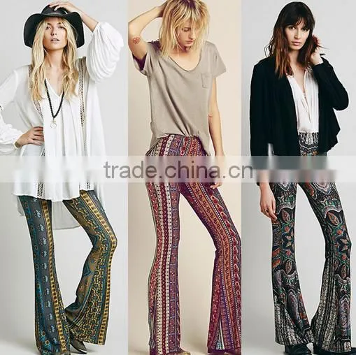 Fashion Hot Sale Paisley Print Stretch Flare Boho Hippie Style Pants Boho Pants Bell Bottom Trousers