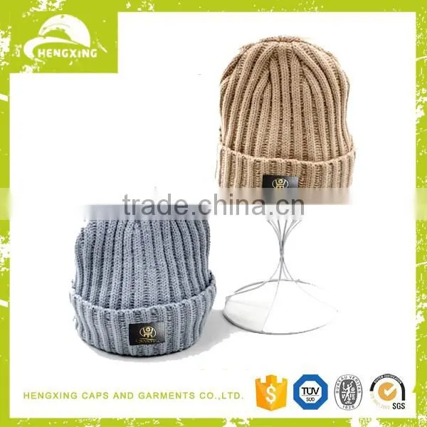 Popular high quality custom leather patch cheap Knit Skull Beanie hat