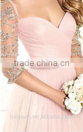 sexy bridesmaid long sleeve beaded prom women pink nighty dress