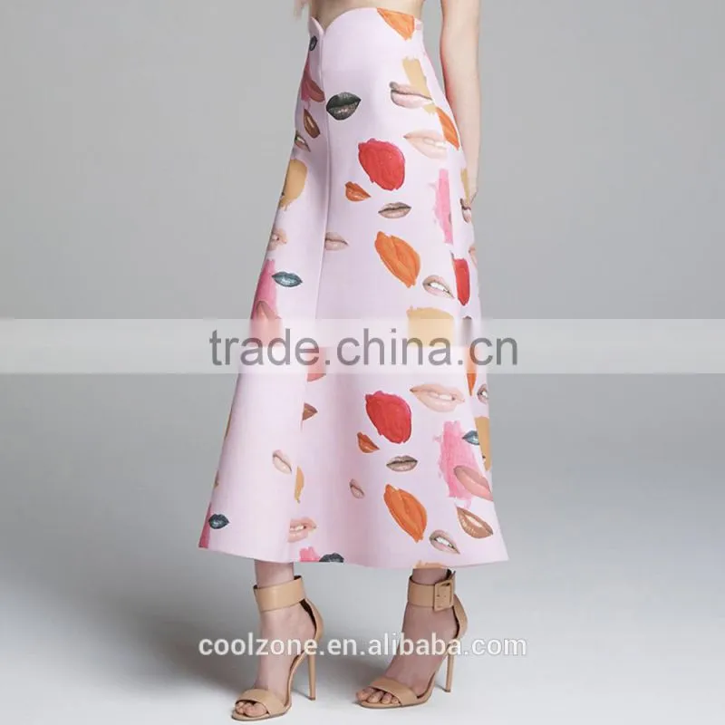 2015 New fashion Sulty Lips Print Midi Long Women Skirt Wholesale