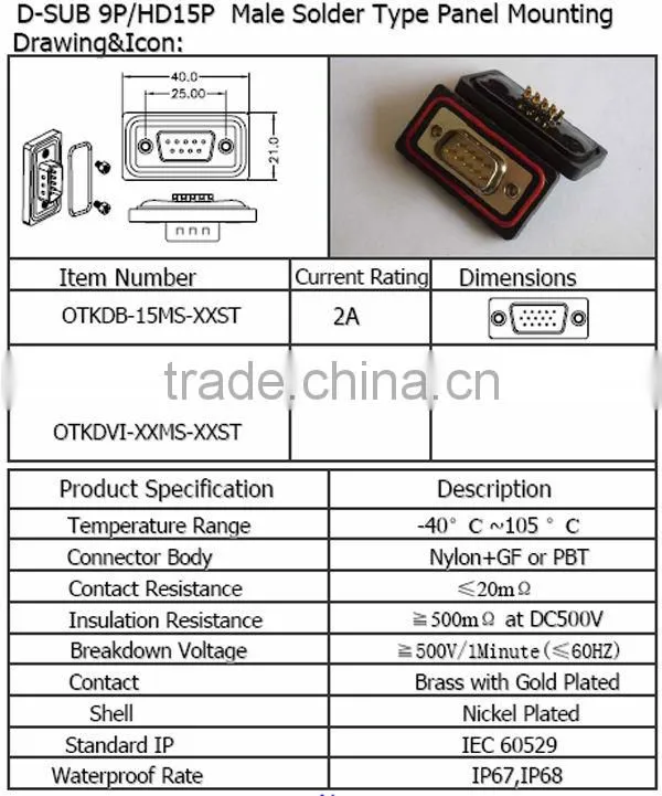 D-SUB 9P/HD15P Male solder type panel mounting Waterproof Connector