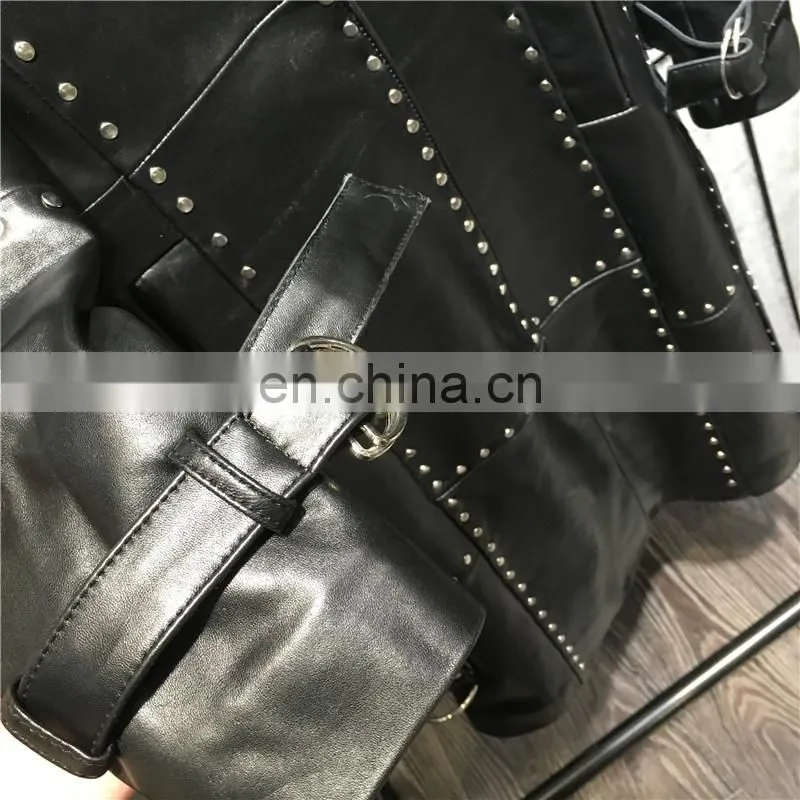 Women Fashion Long Black Rivet Real Leather Coat Leather Trench Coat
