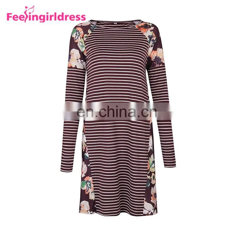 Autumn Red Latest Designs Fashion Print Loose T-Shirt Long Sleeve Casual Dress
