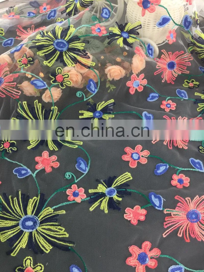 2017 fashion 3D colorful butterfly embroidry lace fabric factory