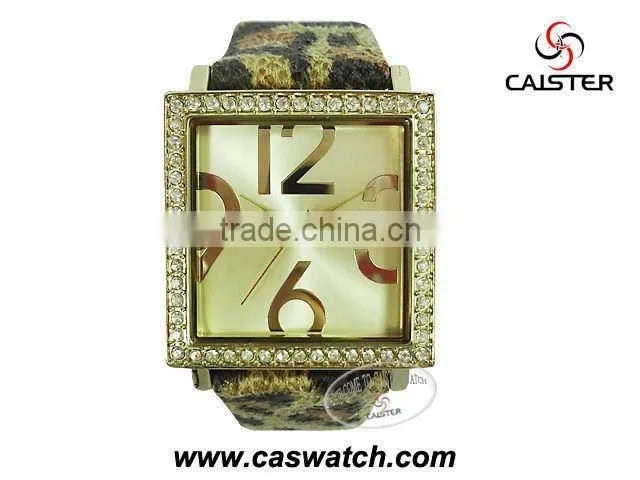 Luxury diamond ladies watch with big alloy case and leopard leather strap