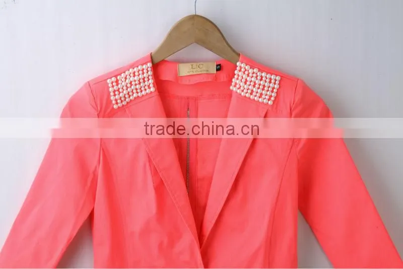 fashion spring neon color ladies'casual tail suit,fashion ladies'jacket with pearl on shoulder and accessory zipper on back
