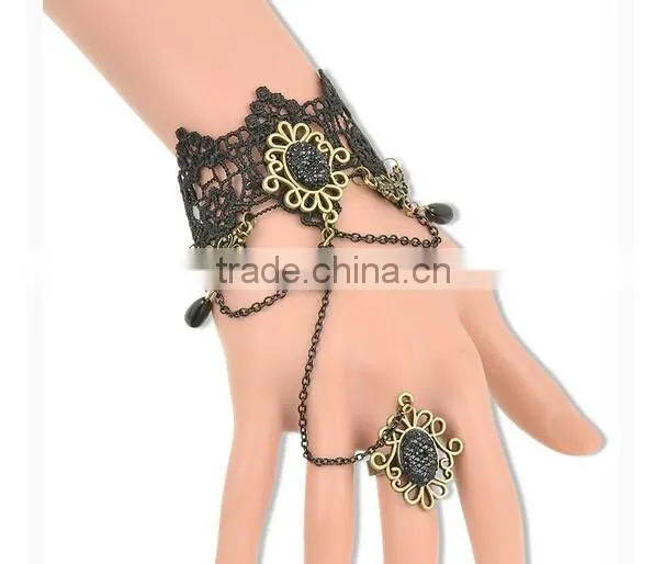 Fashion Gothic Black Cameo Lace Flower Chain Ring Set Vintage Jewelry Bracelet