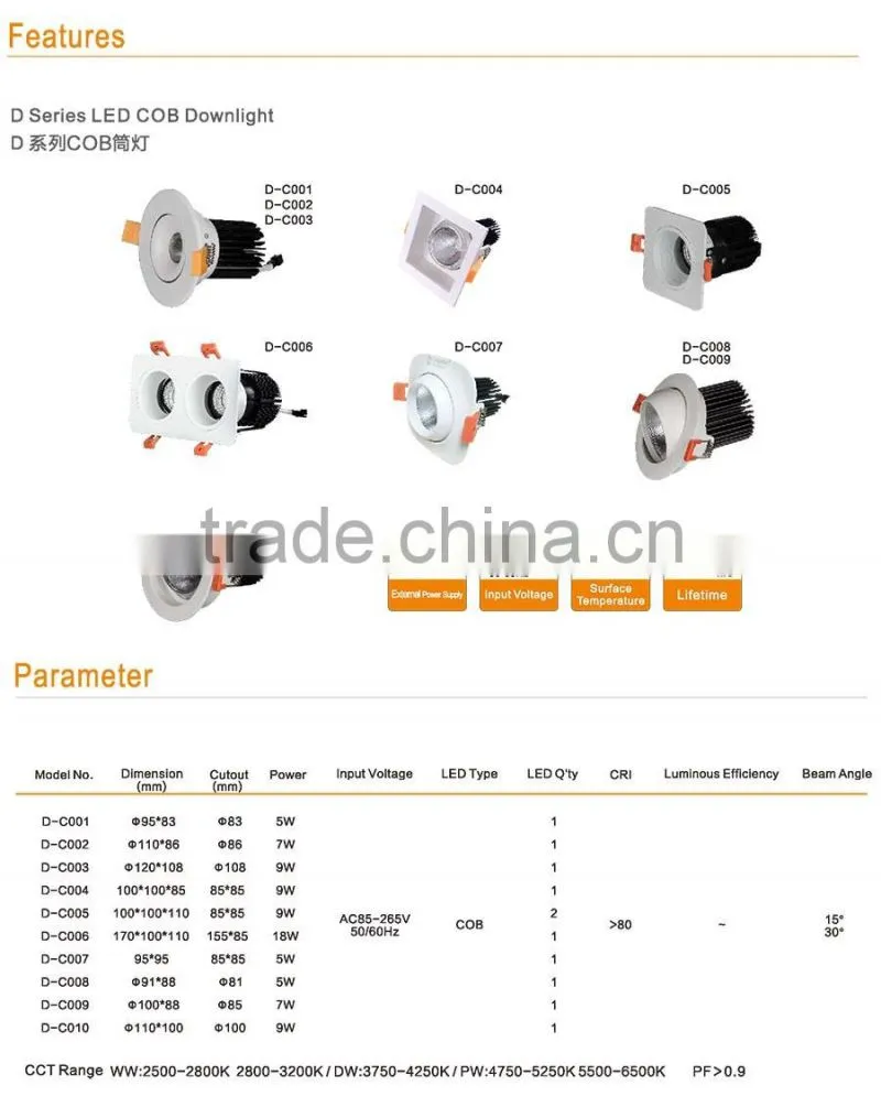 COB led down light led recessed down light