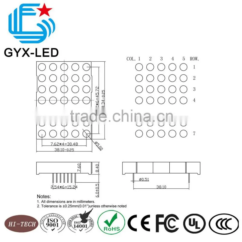 Rohs compliant red and green color 5*7 dots LED dot matrix display