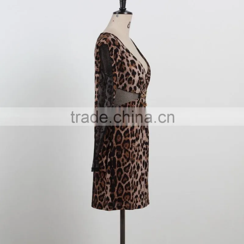 NEW ARRIVAL Sexy leopard bodycon dress 2016 deep V neck net dress custom dress supplier
