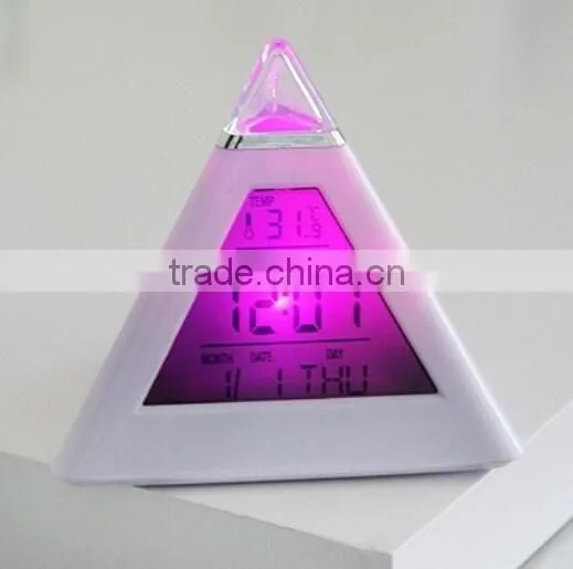 Top sale triangle color changing digital alarm clock/desk clock/calendar clock