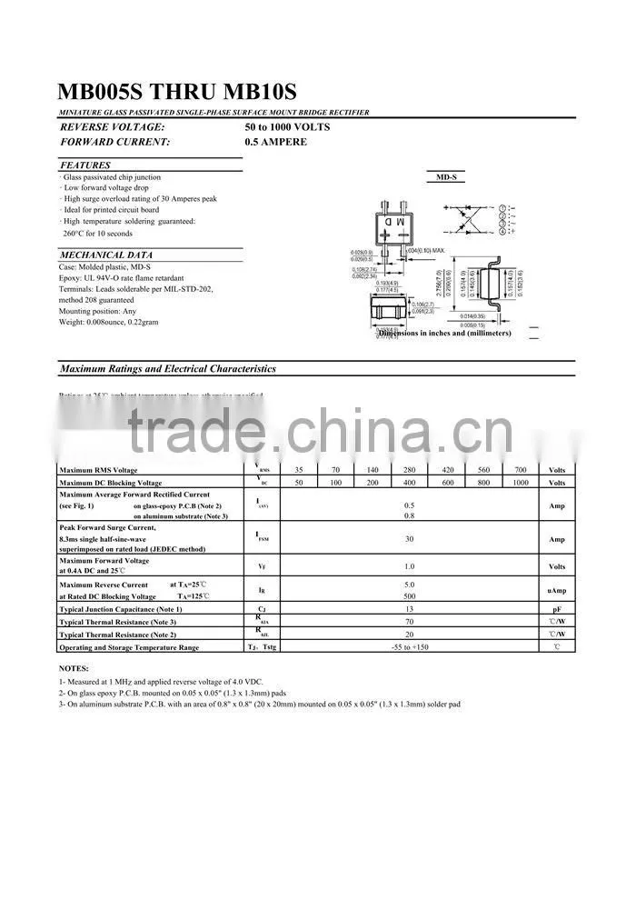 Surface Mount Regular Bridge Rectifier 0.5A 200V MB2S