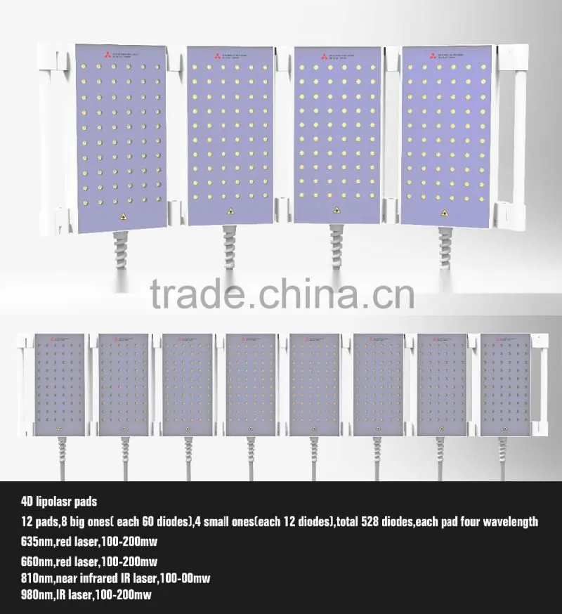 4D 635nm 650nm 780 nm 980nm wavelength lipolaser ilipo laser machine with 12 pads 528 diodes lipolaser