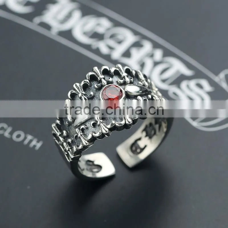 Adjustable personalized cool punk jewelry pokerface silver red diamond fashion men's ring