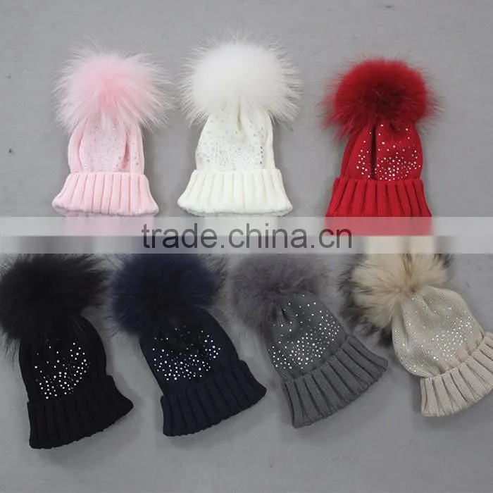 Myfur Baby Pink High Quality Wool Acrylic Knitting Hat and Cap with Raccoon Fur Ball Wholesale