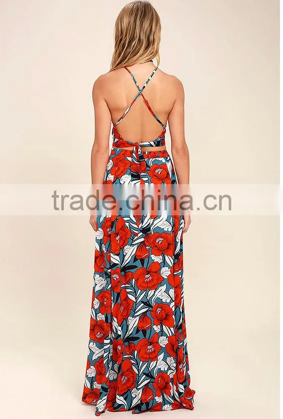 Hot sale beach dress floral printed two piece sexy maxi dress