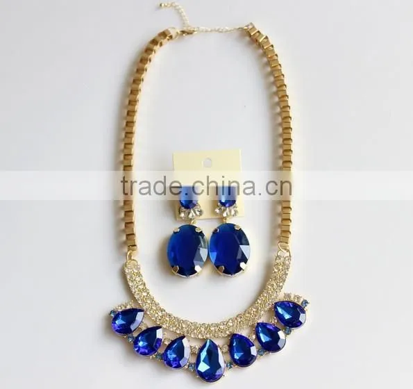 Fashion Sapphire Blue Gem Statement Necklace Earrings Set Jewelry Set