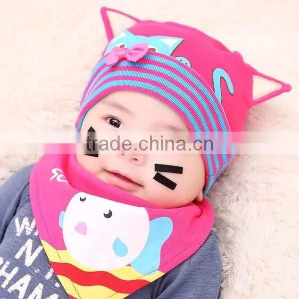 beautiful lovely cat design bowknot knit baby hat with bibs