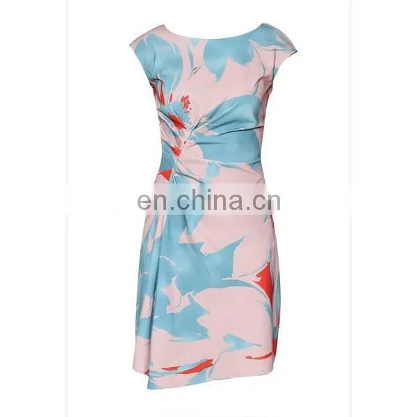 Latest women clothing high quality cap sleeve print side ruched dresses for women