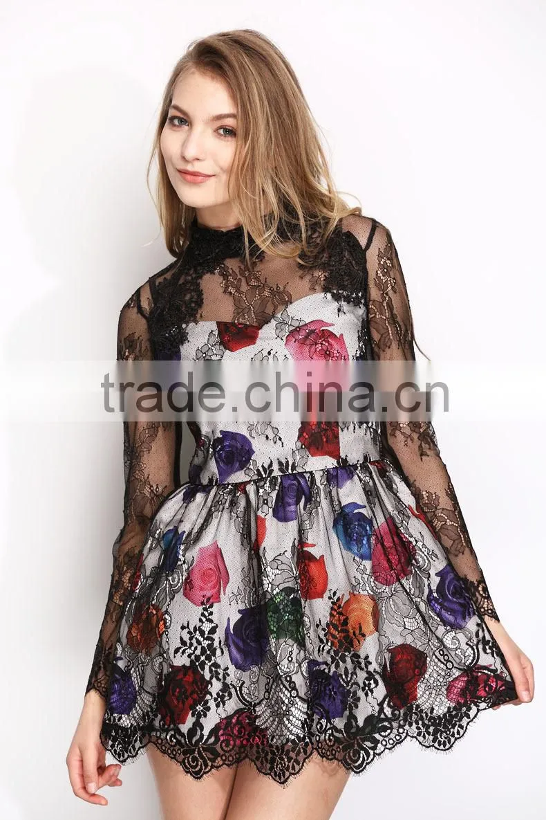 Fashion Summer Sexy Flower Printed Black Lace Girls Party Dress