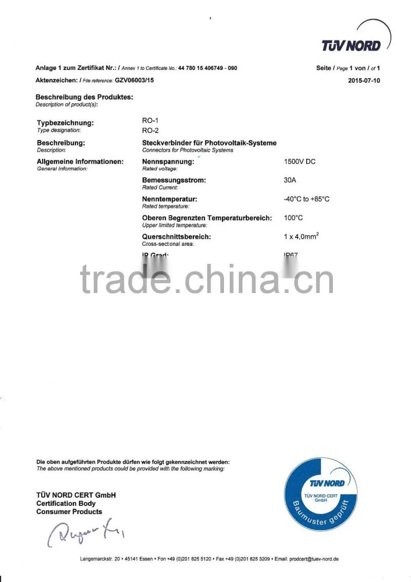 PA , TUV approved waterproof solar MC3 connector