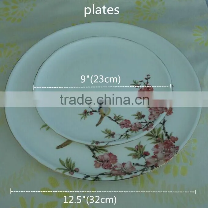 gold rim with decal 16PCS round shape dinner set 12.5"/9" plates 300ml cup ceramic bone china dinner sets
