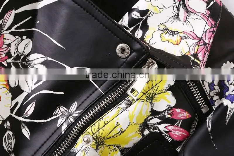 wholesale clothing floral print PU motor jacket
