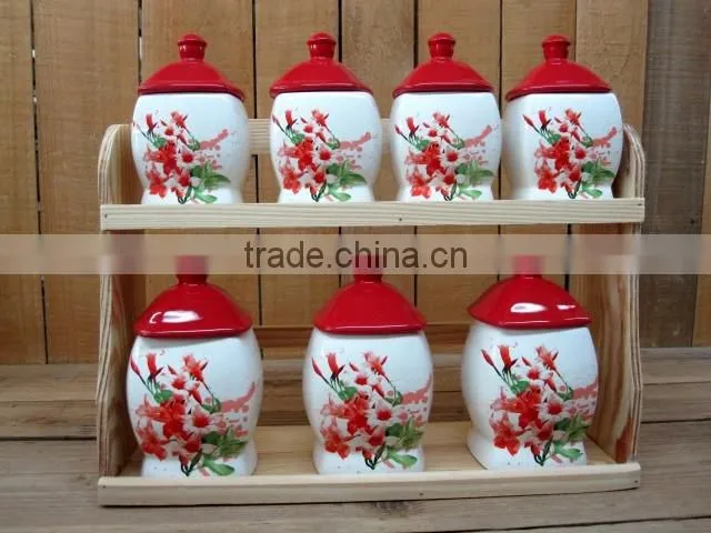 Red Morning Glory Decal Ceramic 7 PCs Canisters with Red Lid and Wooden Stand