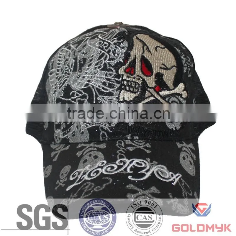 Skull Mesh Cap with silver thread embroidery ,Skull Trucker Hat and Cap