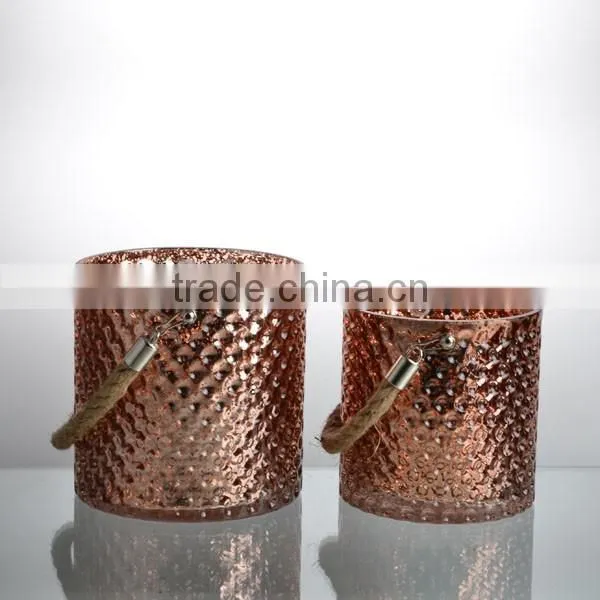 2-tier rose gold short staight cylindrical glass hurricane with hemp rope decal