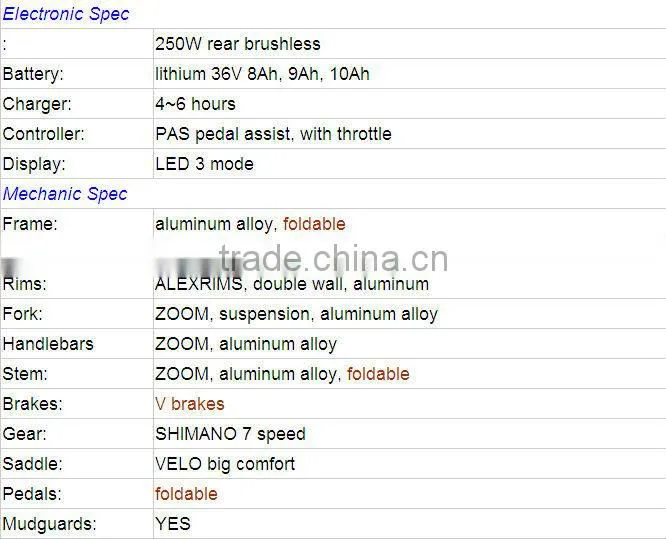 20" 250W 36V mini folding electric bike