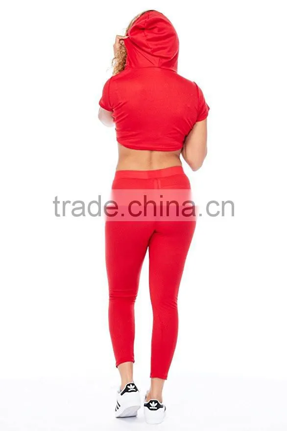 Plain Track Suit Wholesale Womens Red Ribbed Solid Hoodie Crop Top Leggings Set 2 Piece Casual Wear Latest Design Tracksuit