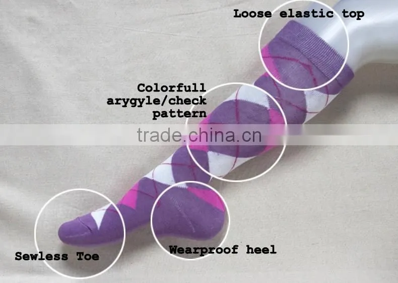 100% cotton comfortable anti-bacterial colorful argyle check dimond pattern lady knee socks